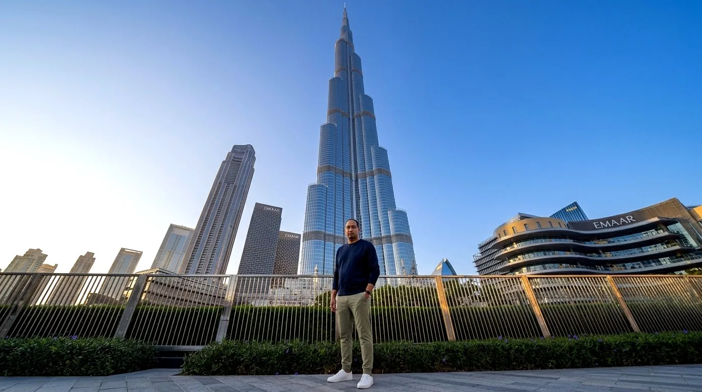 Mentor em Dubai com o Burj Khalifa ao fundo
