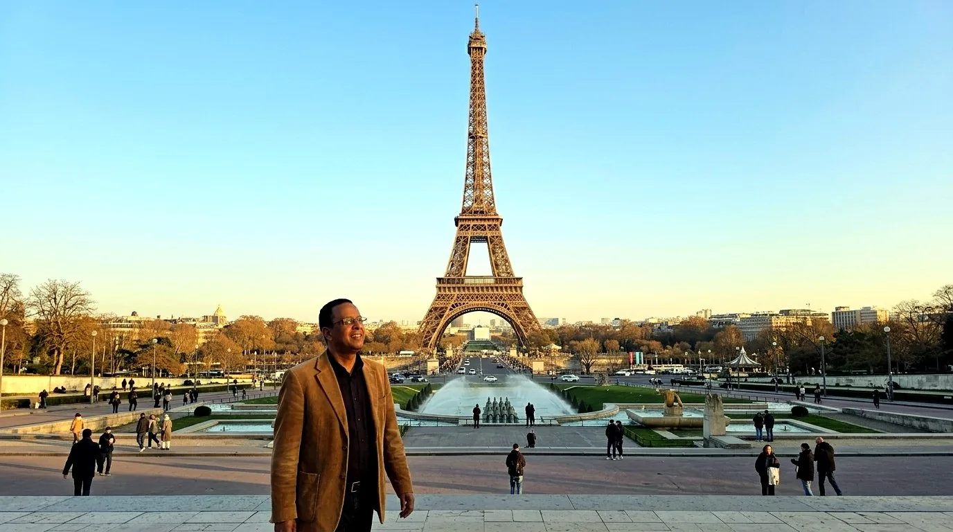 Mentor em Paris diante da Torre Eiffel